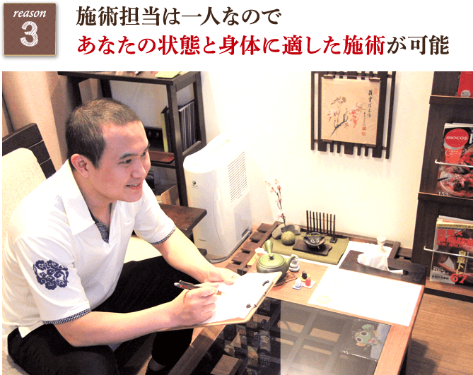 施術担当は一人なのであなたの状態と身体に適した施術が可能